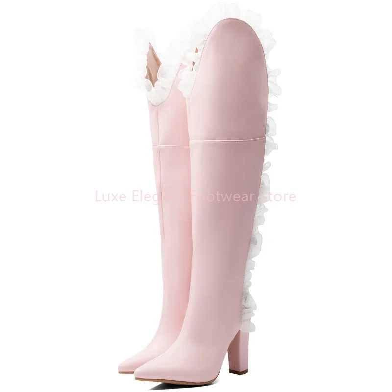 Pink Back Strap White Ruffle Pointed Sandals Boots Women Cutout Block Heel Slingback Long Boots Sweet Fashion Party Lady Shoes