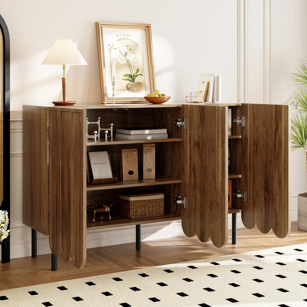 Modernes Sideboard aus Holz mit 120 x 35 x 80 cm großen, grifffreien, verstellbaren Regalen und Stauraum für Wohnzimmer, Flur und Esszimmer – Detail 4