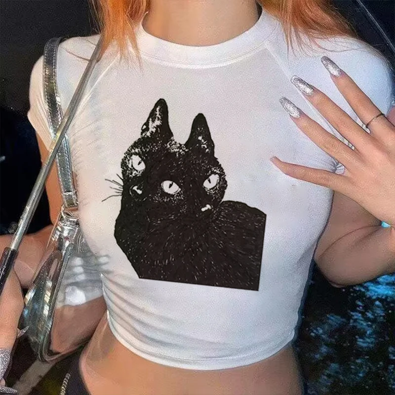 Vintage Cat Print Women Casual Baby Tee Streetwear Aesthetic Short Sleeve T-Shirt Y2k Clothes Gothic Emo Girl Croped Tops