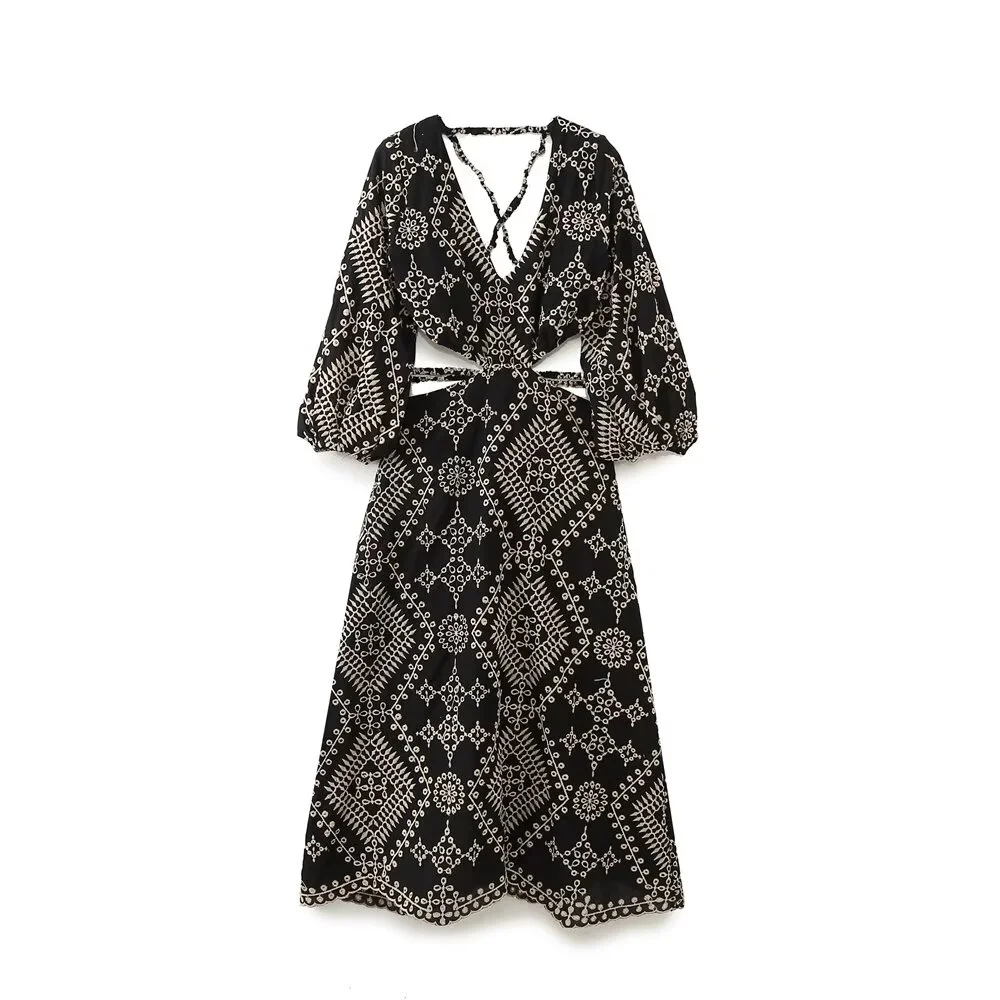 

PB&ZA 2025 Women's Black and White Printed Long - Sleeve Maxi Dress with V - Neck Cut - Out Detail and Criss - Cross Back