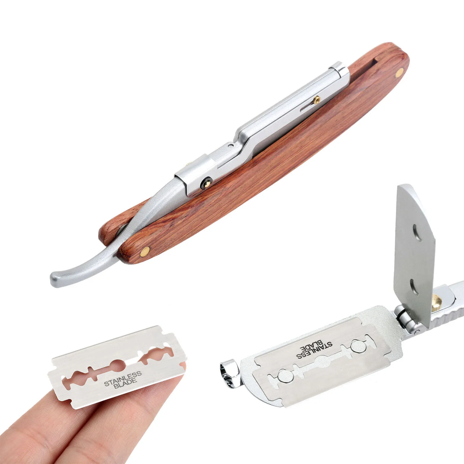 1set Men Straight Barber Edge Steel Razor Folding Shaving Knife Hair Removal Tool with 10 Blades Rosewood Handle Gift Boyfriend