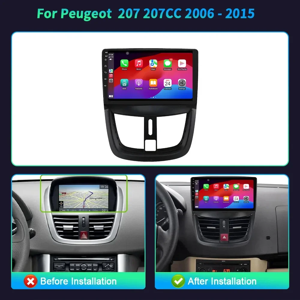 Car Radio Android 14 For Peugeot 207 207CC 2006-2015 Multimedia Bluetooth GPS Navigation Stereo WIFI 4G BT CarPlay Touch Screen