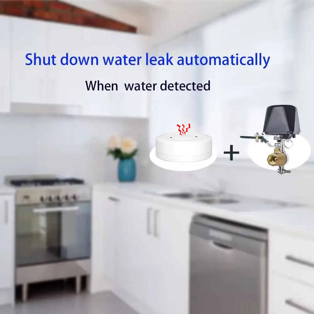 Tuya WiFi Water Leak Sensor and WiFi Water Valve Smart Life Remote Monitor Linkage Function Turn On/Off Water APP Alert Notice