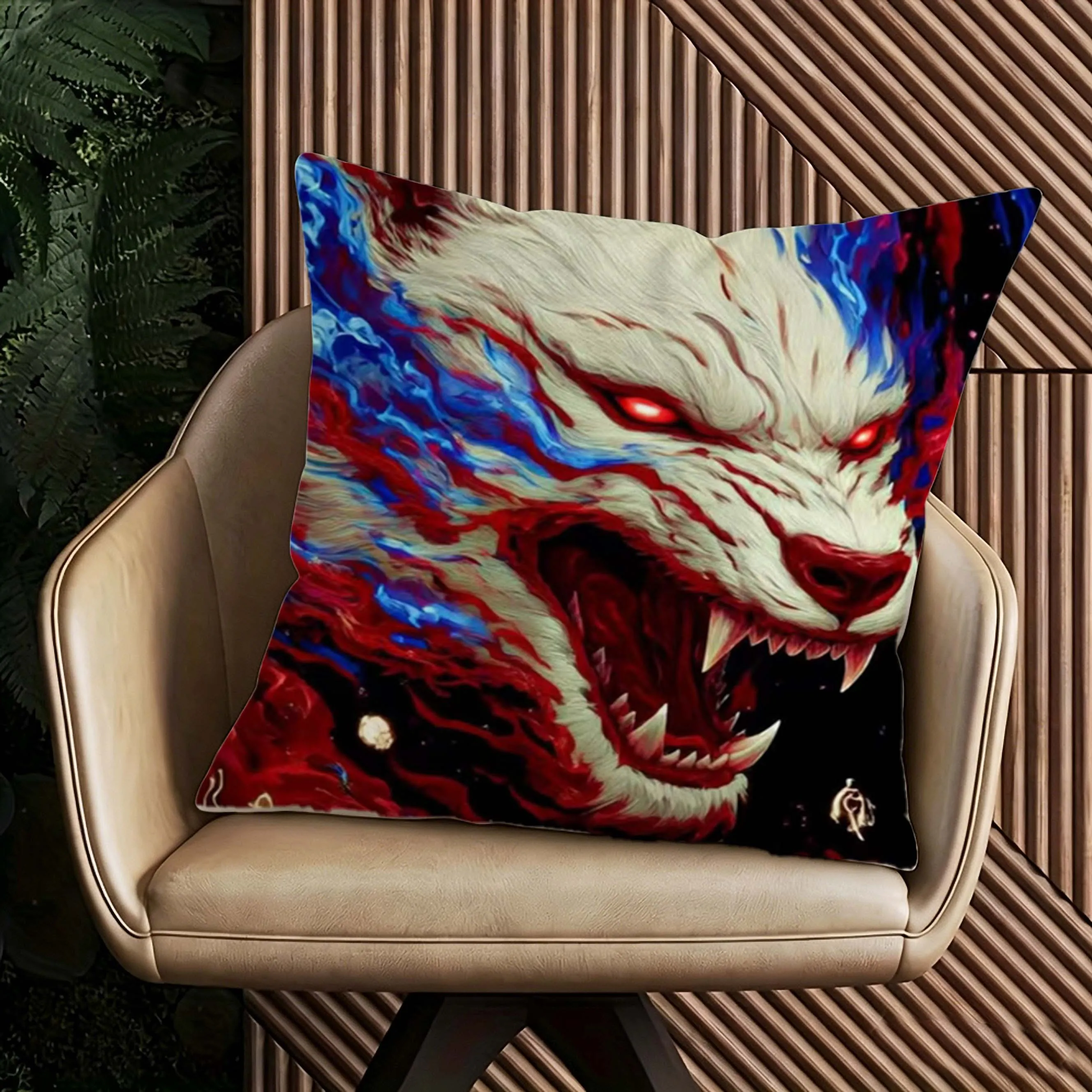 Red Blue Wolf Pillowcase, Fantasy Beast Print Cushion Cover, Glowing Eyes Decor, Cool Animal Throw Pillow, Home Textile