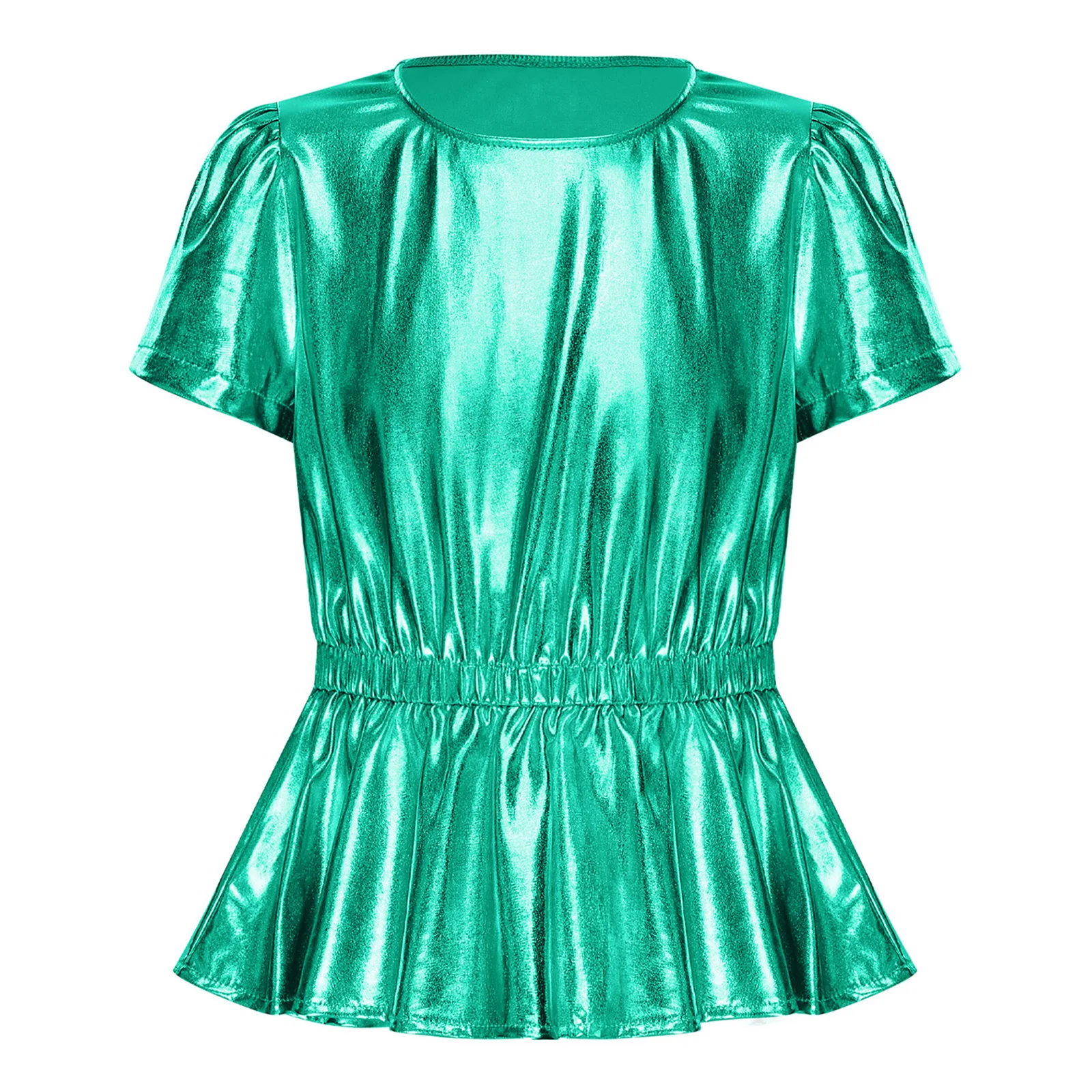 여자 메탈릭 재즈 힙합 댄스 탑 반팔 신축성 있는 허리 페플럼 탑 티셔츠 학교 치어리딩 공연 스트리트웨어