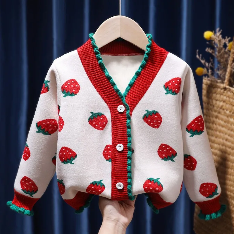 Children Clothing Cute Strawberry Print Single Breast V Neck Cardigan Girl Sweet Fashion Outing Knitted Sweater Casual Warm Coat