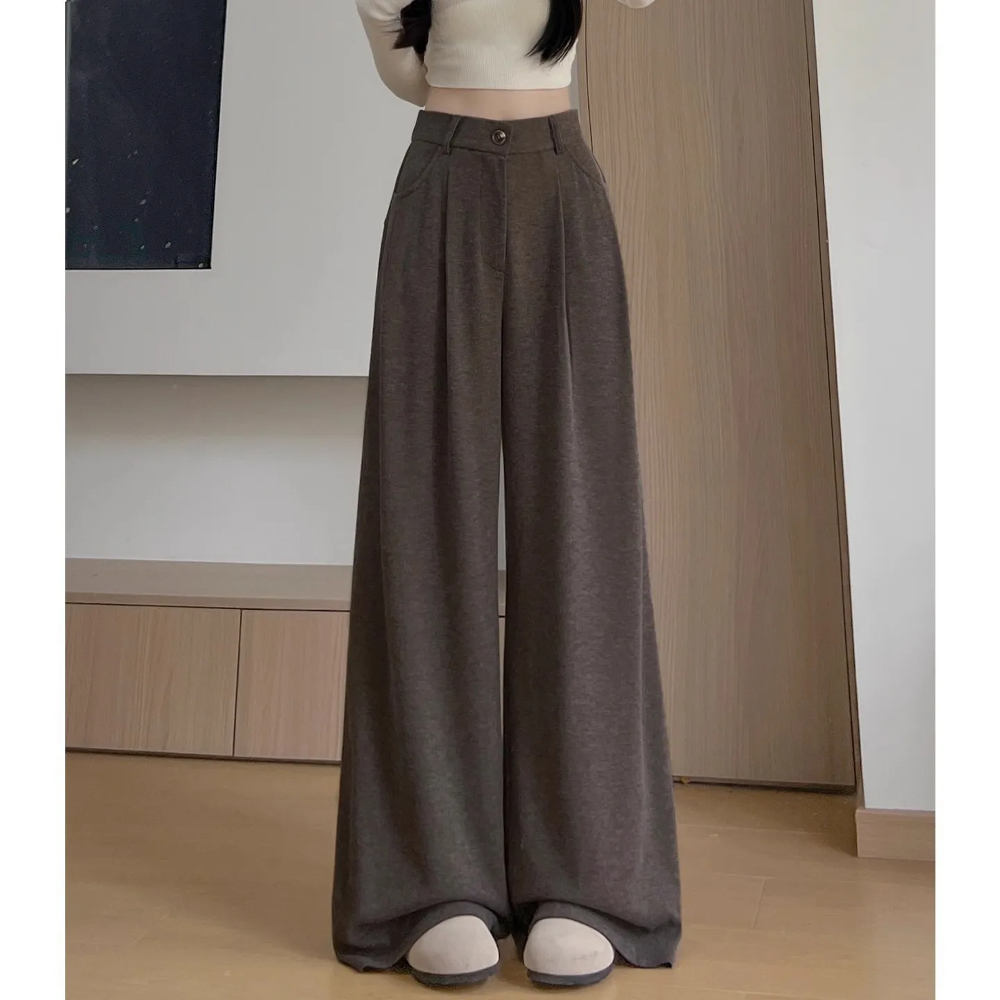 2025年秋新作 レディース コーヒーカラー スーツパンツ ストレート ハイウエスト ルーズフィット 着痩せ効果 ワイドレッグ カジュアルパンツ