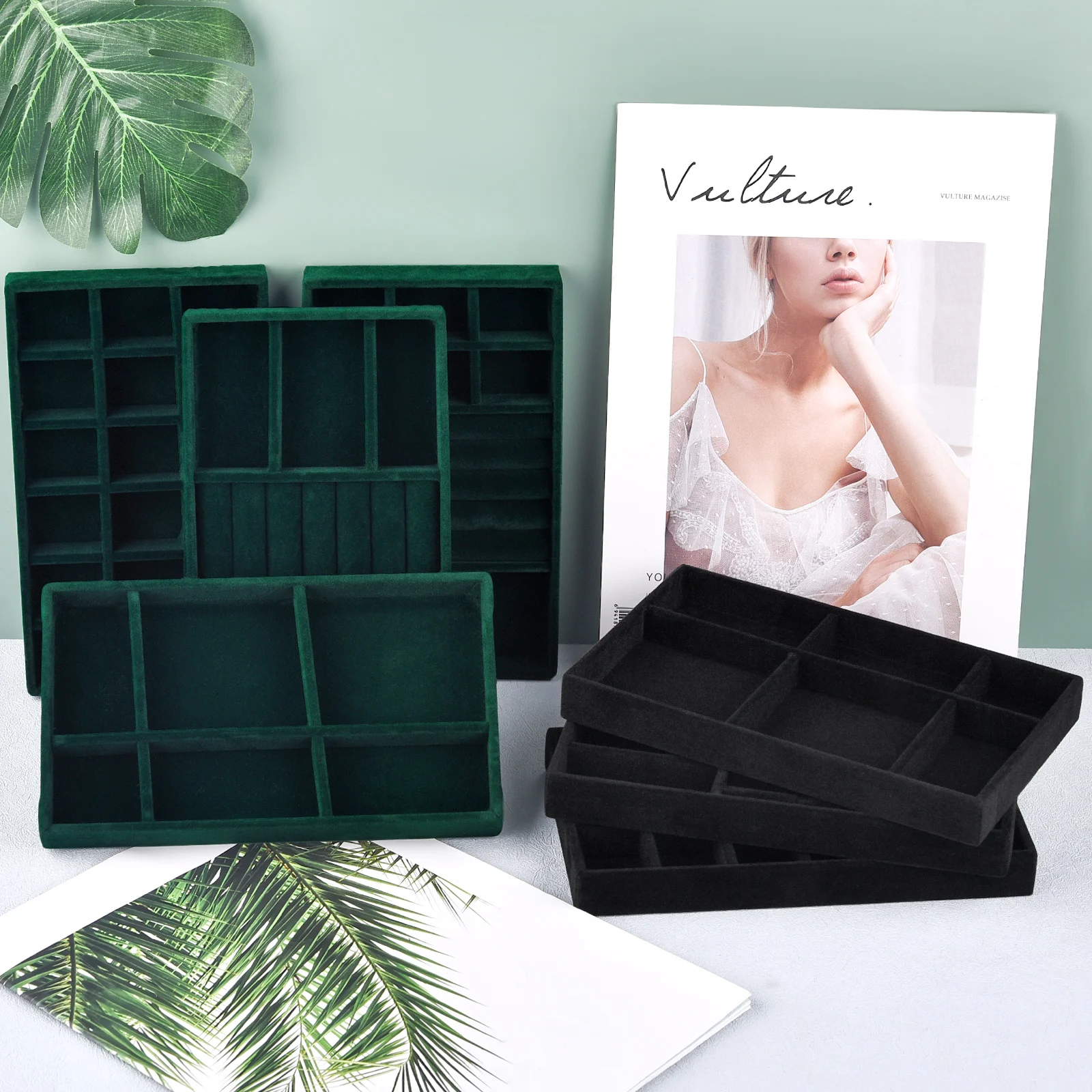 منظم المجوهرات السوداء علبة تخزين المجوهرات المخملية عرض حلقة سوار قلادة صندوق تخزين عرض درج منظم الصواني #4