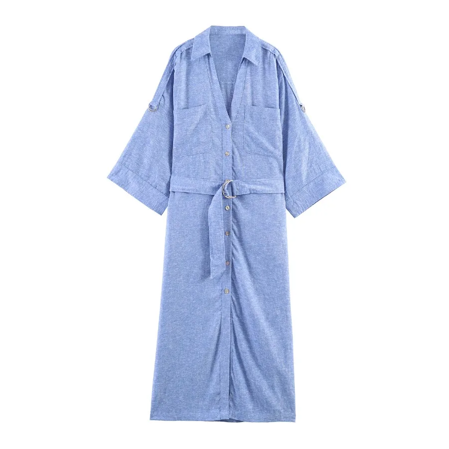

【New style】 women's clothing New style V-neck pocket decorative belt belt mid-long shirt-style dress
