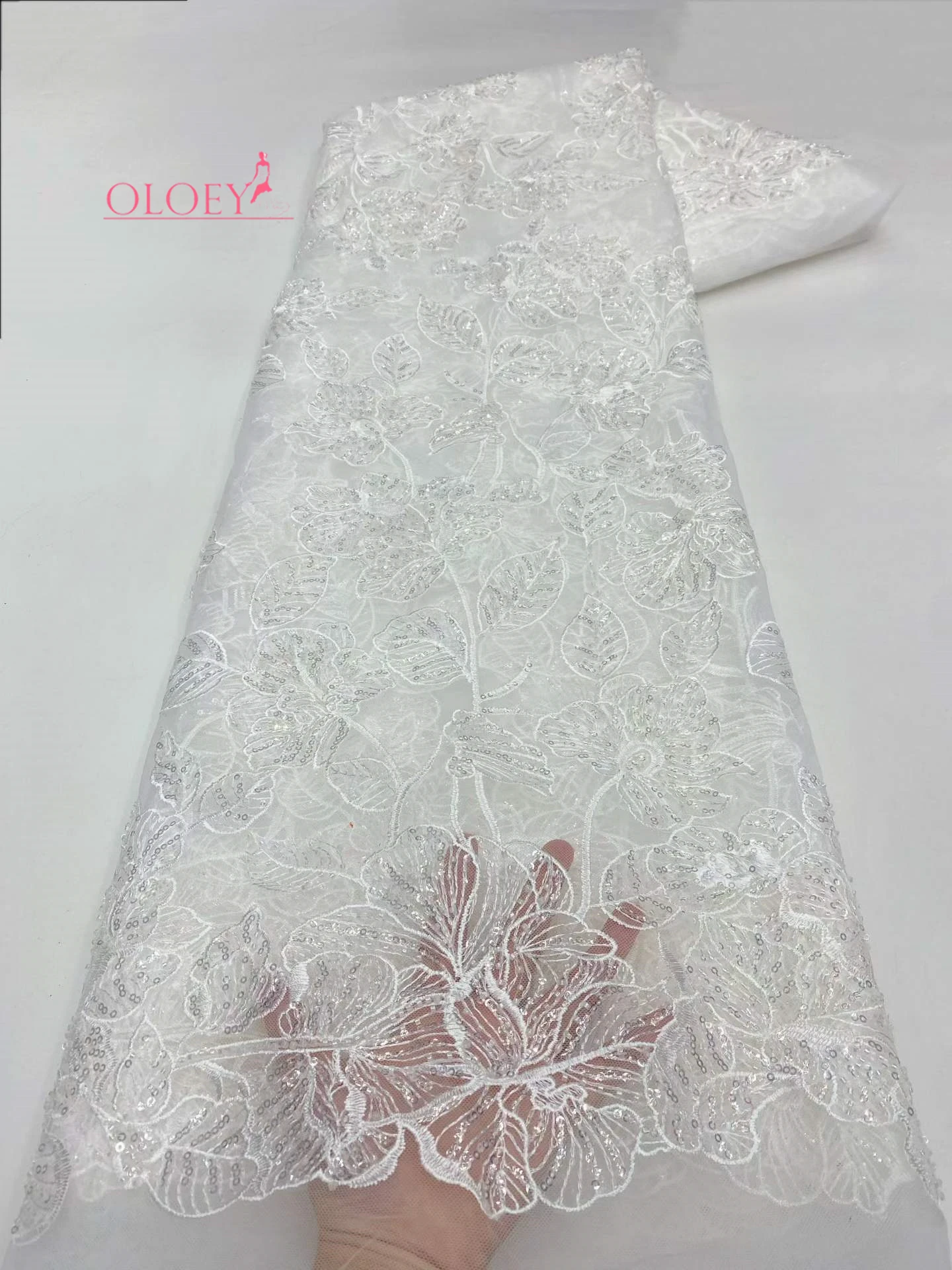 

OLOEY Luxury 2026 African Lace Fabric French Sequins Mesh Beads 3D Embroidered Tulle High Quality Fabric For Wedding Sewing