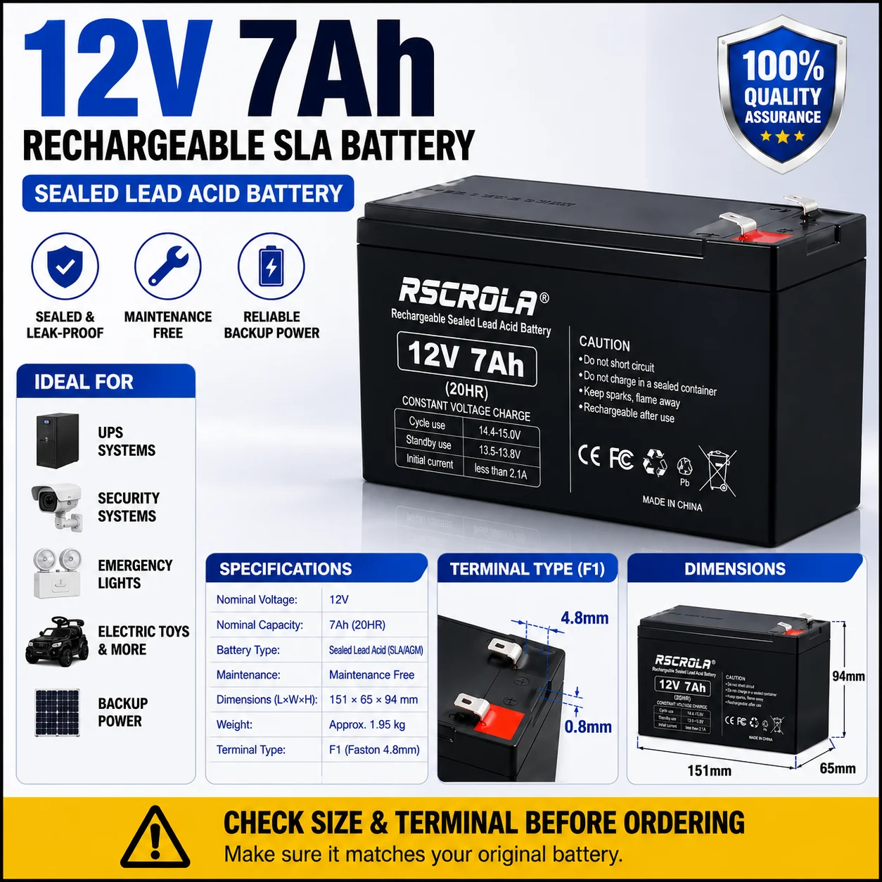12V 7Ah Rechargeable SLA Battery Sealed Lead Acid AGM Battery for UPS Alarm Security System Emergency Light Backup Power