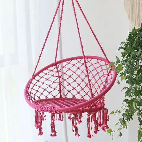 ‌Nordic Style Hanging Basket, Handmade Cotton Rope Swing Chair, Balcony Relaxation Cradle, Boho Indoor Fringe Hanging Chair