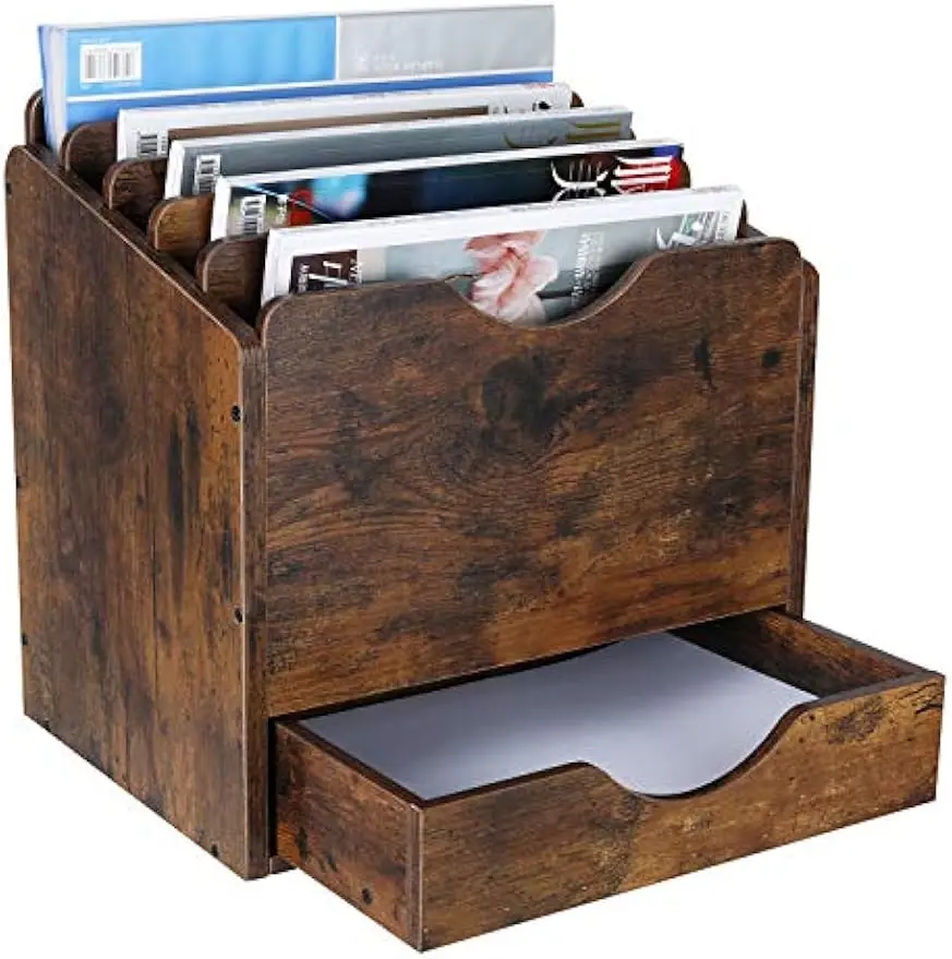 

Wooden Desktop File Organizer with Drawer, 6 Compartments for Office Supplies, Antique Brown