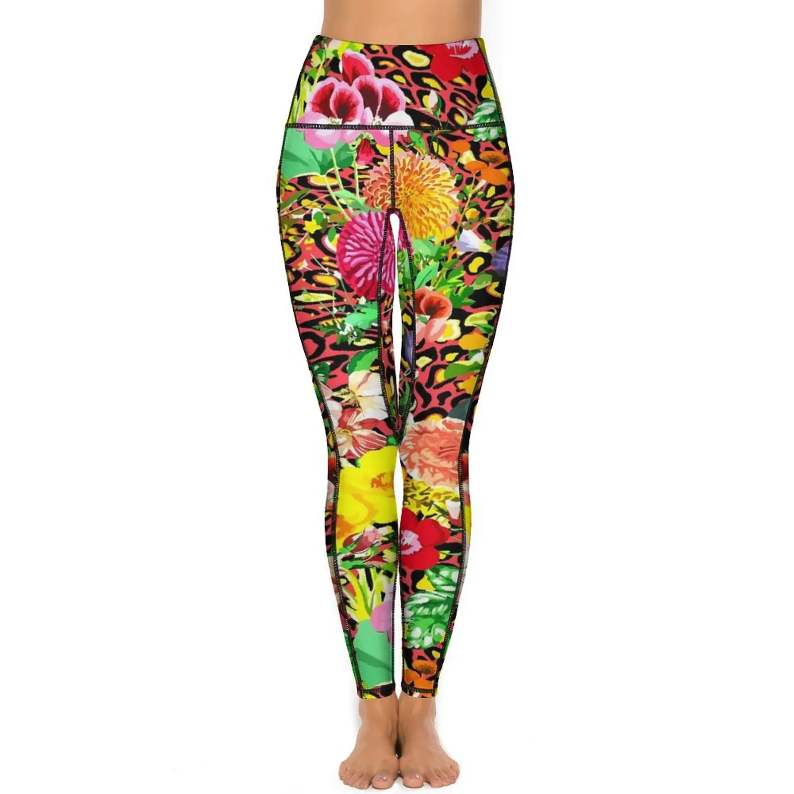 Floral Leopard Leggings Colorful Flower Print Fitness Yoga Pants Push Up Retro Leggins Quick-Dry Custom Sports Tights XL XXL