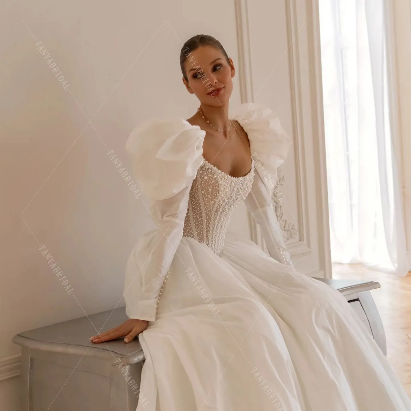 Elegant Detachable Puff Taffeta Wedding Sleeves Not Include Dress Off Shoulder Removable Bridal Arm Cuffs Pearl Button