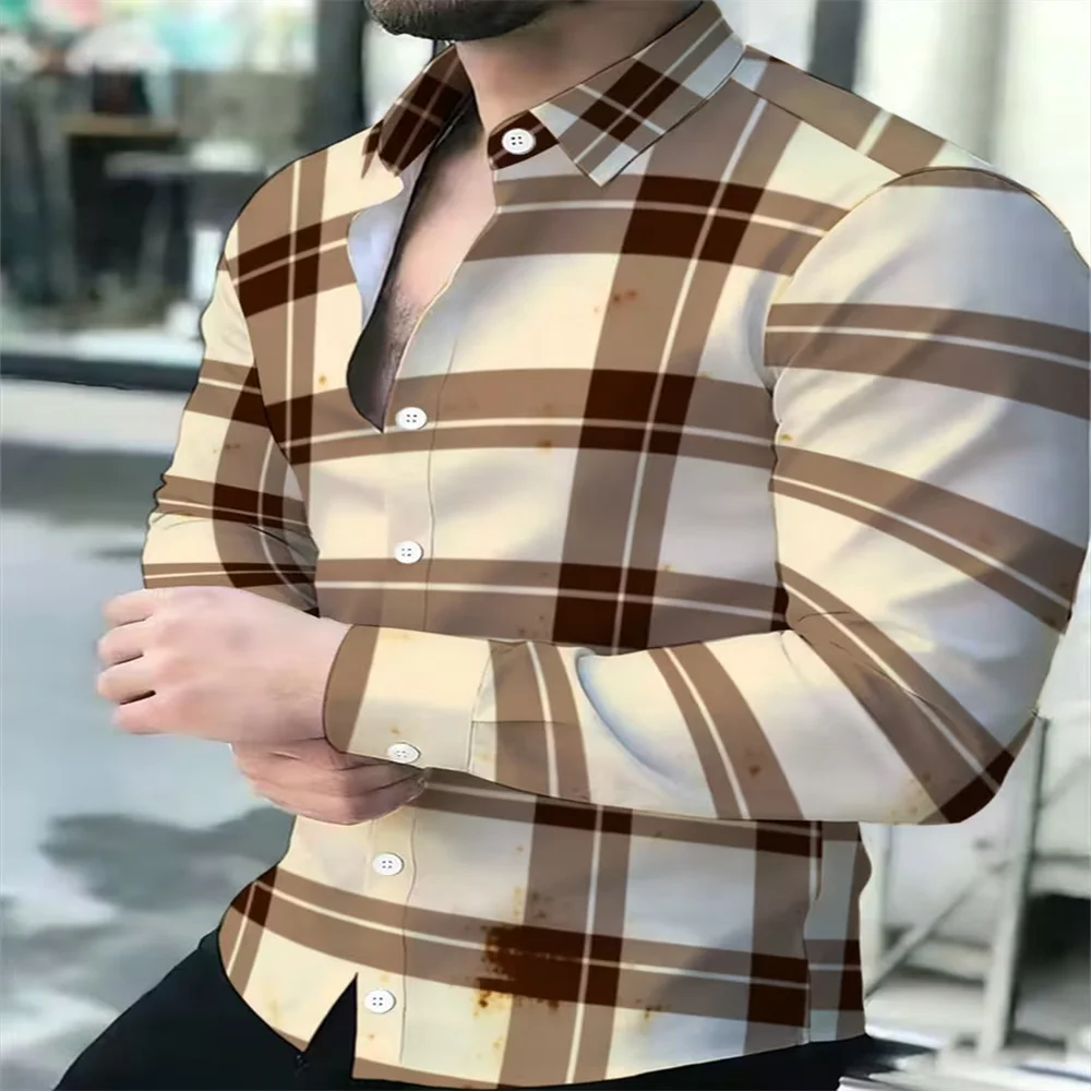 Fashion Square stripe patterns 3D Print Mens Long Sleeve Shirt Autumn Button Down Casual Animal Shirt Lapel Mens Clothing Tops