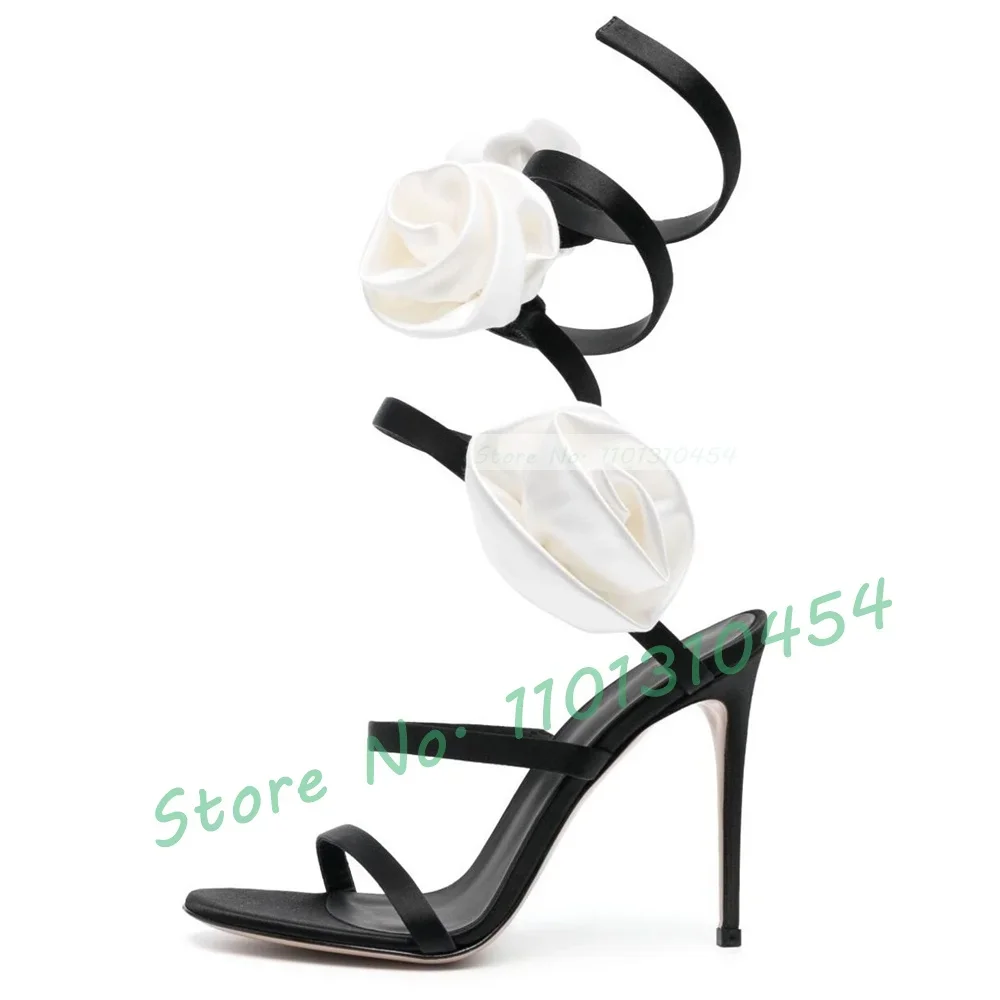 

White Roses Spiral Strap Sandals Female Elegant Cross Strap High Thin Heels Sandals 2023 Summer Women's Funky Party Sandals
