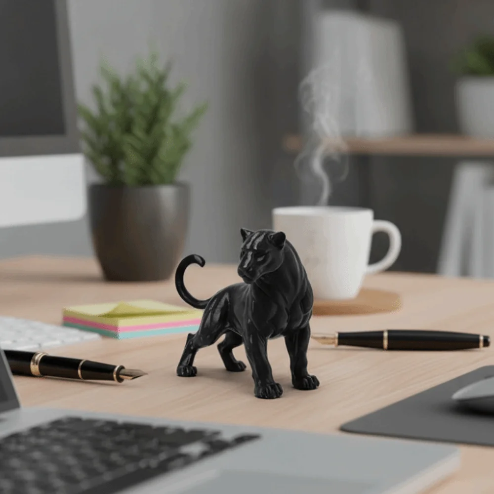 Black 3D Printing Panther Statue Head Turning Muscular Panther Desktop Ornament Tail Up Standing Posture Leopard Figure Friend