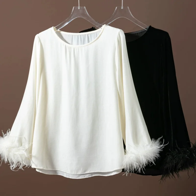 Birdtree, Silk Blended Velvet Tshirt, Long Sleeve O-neck Tops, Women Loose Solid Shirt, 2026 Autumn New, Black, White T69625JF