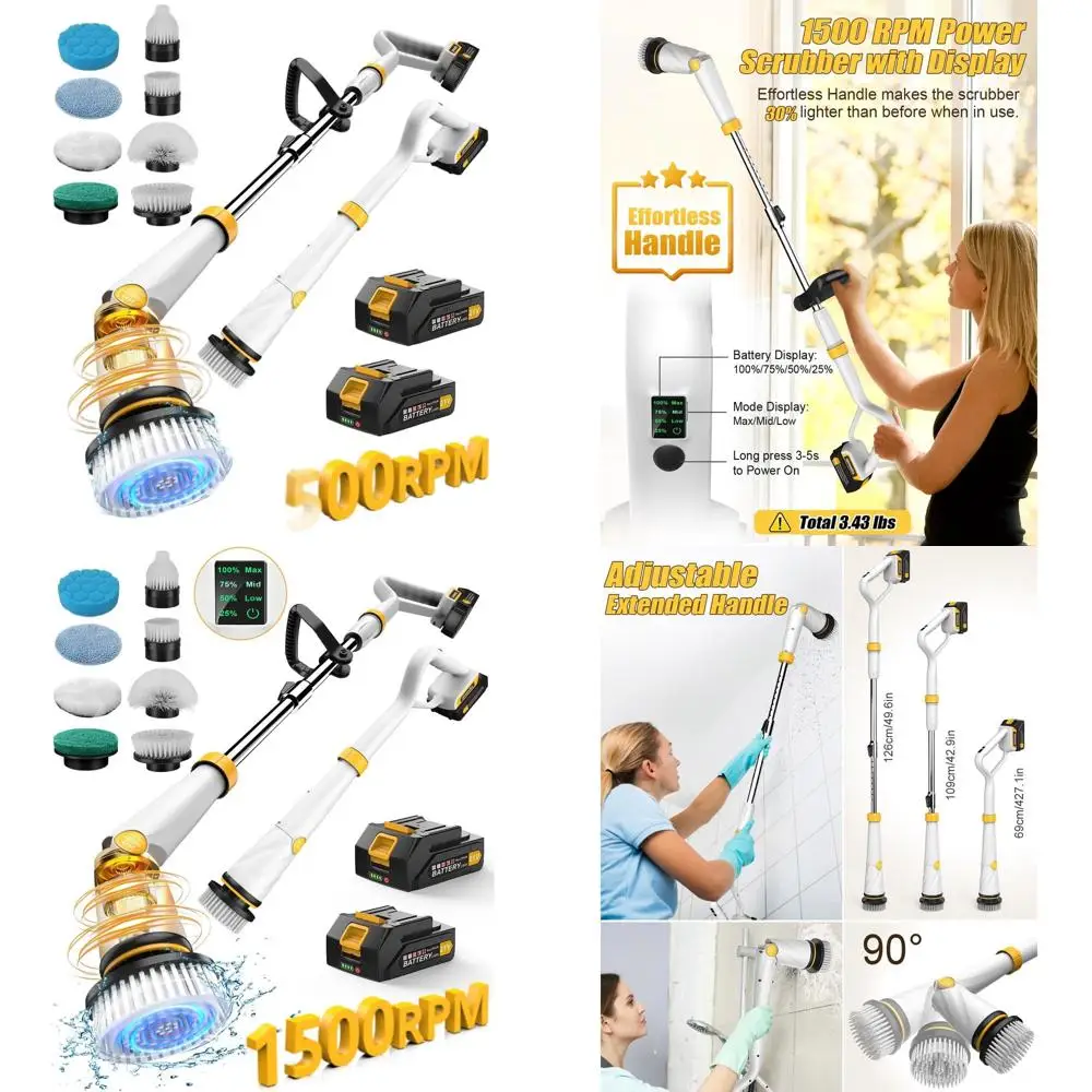 

Беспроводная электрическая щетка с двумя аккумуляторами - мощность 1500 об/мин для глубокой очистки, щетка для душа и плитки с дисплеем (удобная рукоятка/8 насадок)