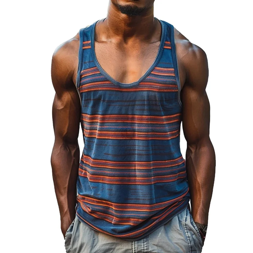 Vintage Striped Graphic Tank Tops for Men Retro Street Casual Summer Sleeveless 3D Print Vest Loose Oversized Sports Tank Tops
