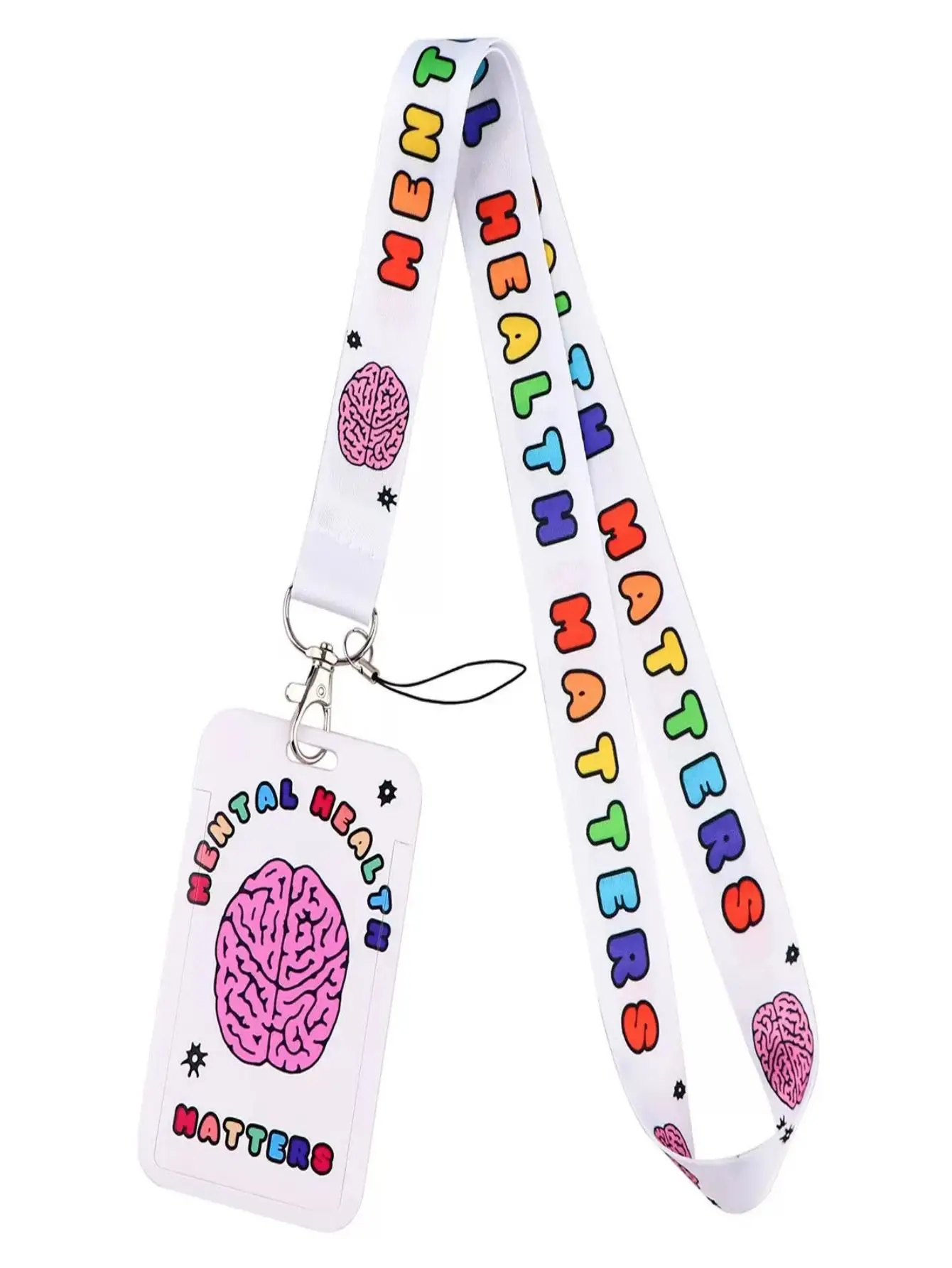 Portachiavi con cordino per la consapevolezza della salute mentale - Design colorato del cervello dei cartoni animati, con la parola "Mentale"