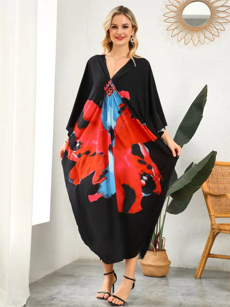 

2026 New Africa Fashion Boho Popular Printed Twill Kaftan Maxi Dress Summer Beach Bohemian Batwing Sleeve Long Dress For Lady