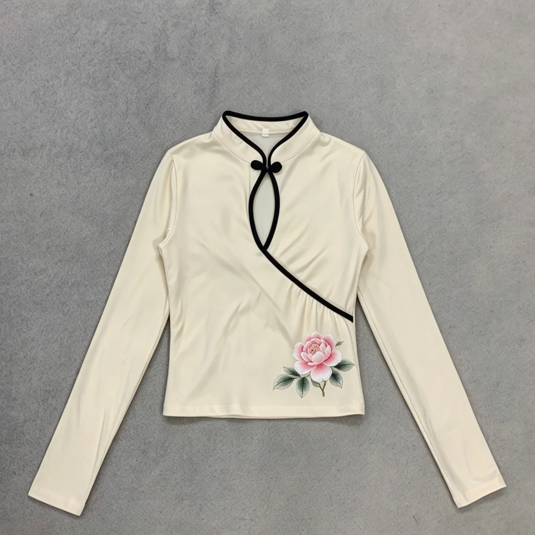 Long Sleeve Crop Top For Women, Black Piping Mandarin Collar Frog Button Peony Print Cutout Slim Qipao Blouse