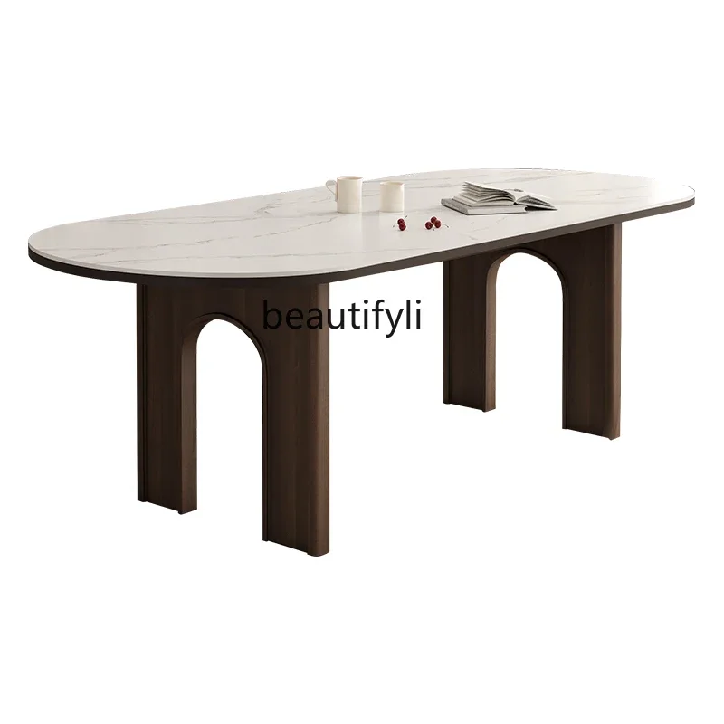 

Asmt56French slate dining table white oval household rectangular dining table and chair combination