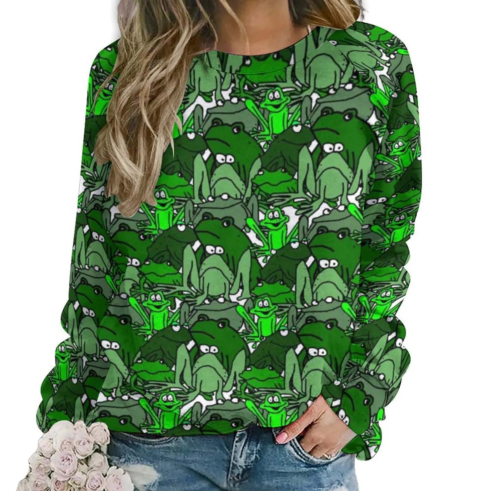 Frog Cartoon Hoodies Women Funny Many  Green Pattern Harajuku Casual Hoodie Long-Sleeve Aesthetic Graphic Sweatshirts