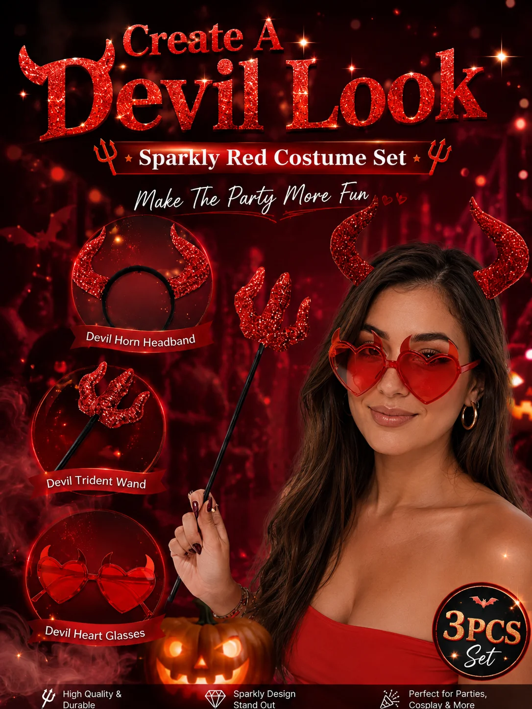 Red Devil Costume Accessories Set Halloween Horn Headband Trident Wand Heart Glasses Party Carnival Cosplay Props