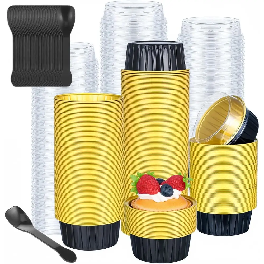 

5oz Round Black Gold Aluminum Foil Baking Cups with Lids, Disposable Ramekins for Wedding, Birthday, Christmas Parties