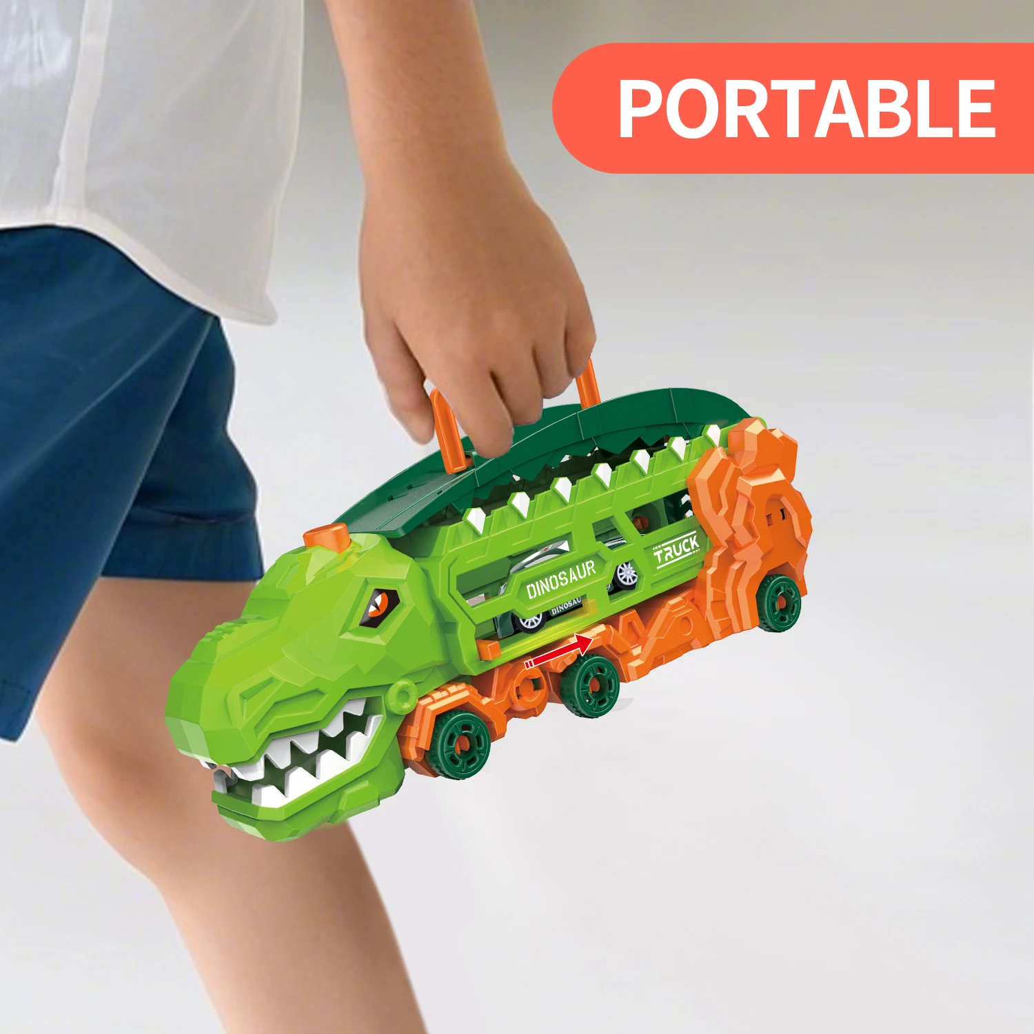 Ciężarówka Transport Dinozaurów ze składaną, przesuwaną torą wyścigową, transformująca się w stojącego Tyranozaura Rexa i rowerek trójkołowy, najlepszy prezent urodzinowy dla dzieci.