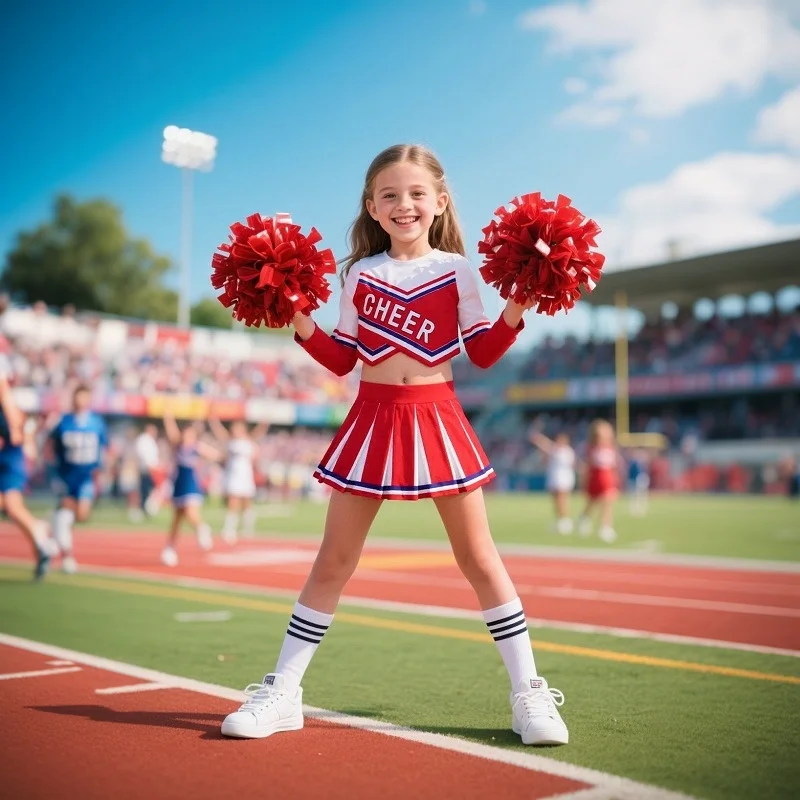 فستان المشجع 3-12 سنة (مع زهرة اليد) مطبوعة رسالة تي شيرت لعبة كرة القدم مهرجان تأثيري الملابس تنورة أزرق أحمر