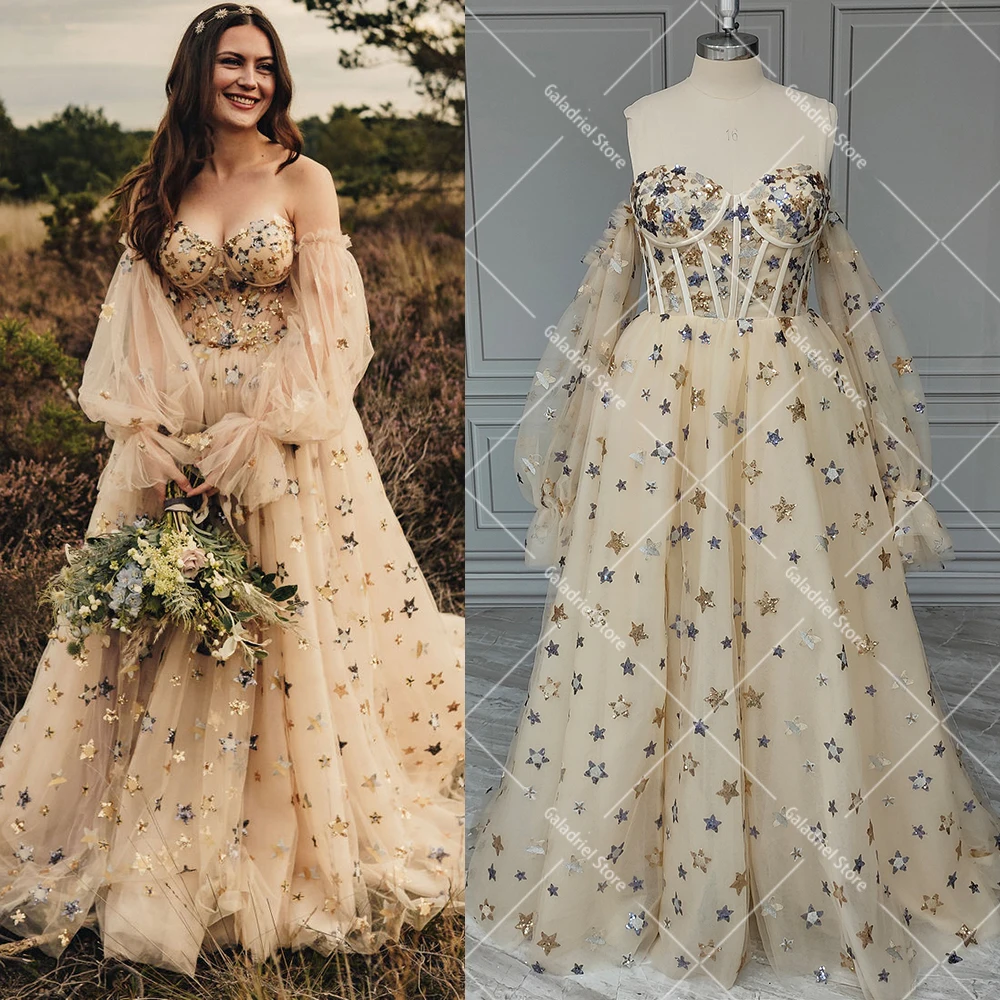 Bling Gold Star Sweetheart A Line Evening Dress Custom Made Lace Up Removable Long Puffy Sleeves Cocktail Princess Prom Gowns