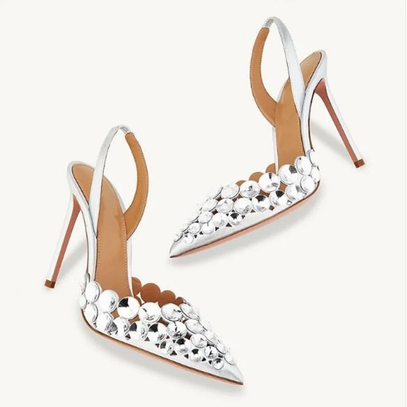 

Silver Rhinestone Pointed Toe Slingback Pumps Metallic Leather Heel Shoes Sexy Women Party Evening Heels Shoes Size 45