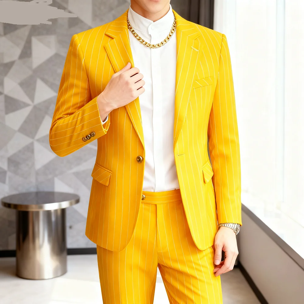 

Elegant Blue Navy Men's Striped Business Blazer Slim Fit Tuxedo Casual Wedding Suit Peak Lapel Single Breasted Jacket