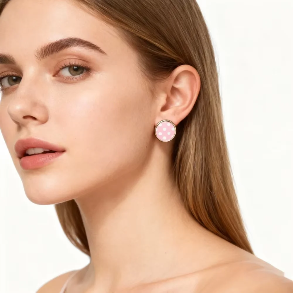 

PESENAR 1950s Style Pink White Polka Dot Stud Earrings for Retro Vintage Costume Party Accessory