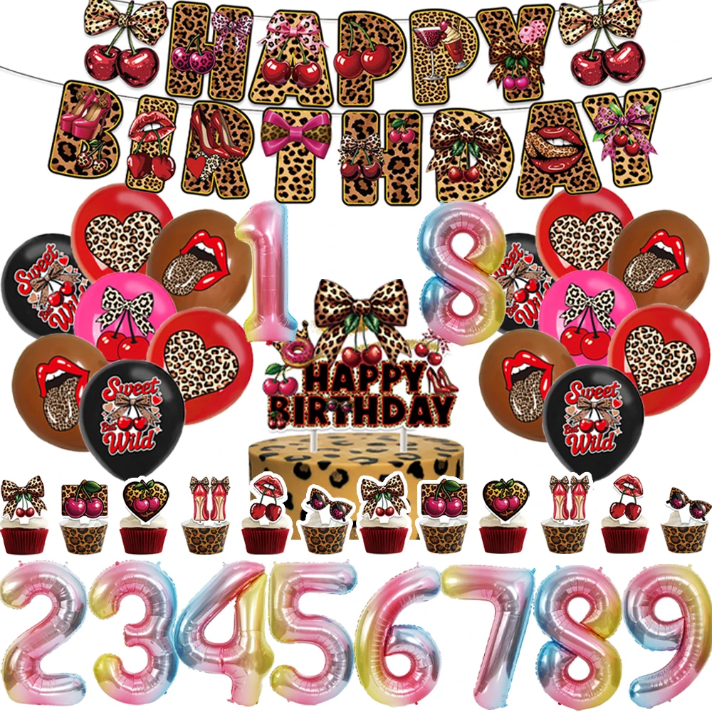

Sexy Mature Women Birthday Decorations Leopard Print Cherry Party Banner Balloons Girl Golden Shiny Gorgeous Background Supplies