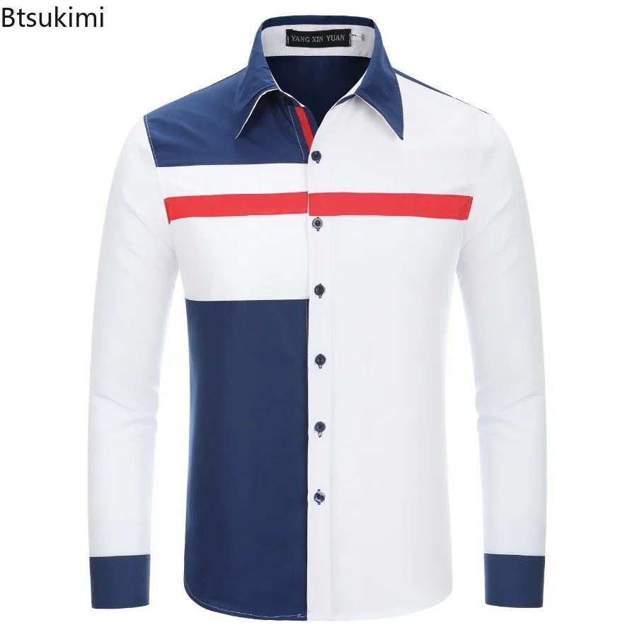 Fashion New Men's Long-sleeved Colorblock Casual Shirt Breathable Cotton Lapel Cardigan Shirt Coat Patchwork Design Male Blouses