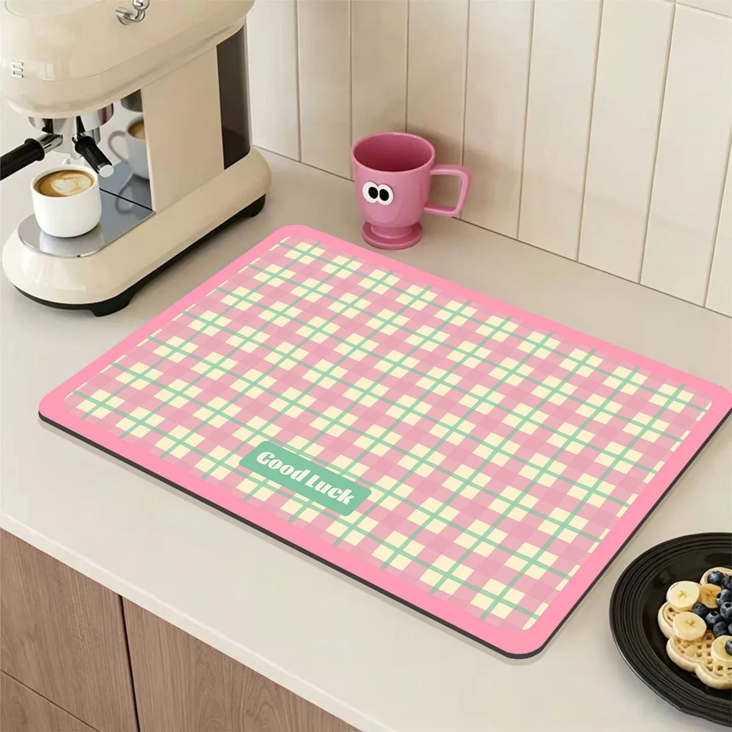 Cute Pink Gingham Dish Drying Mat Good Luck Lettering Kitchen Counter Mat Sweet Plaid Coffee Bar Pad Absorbent Place Mat