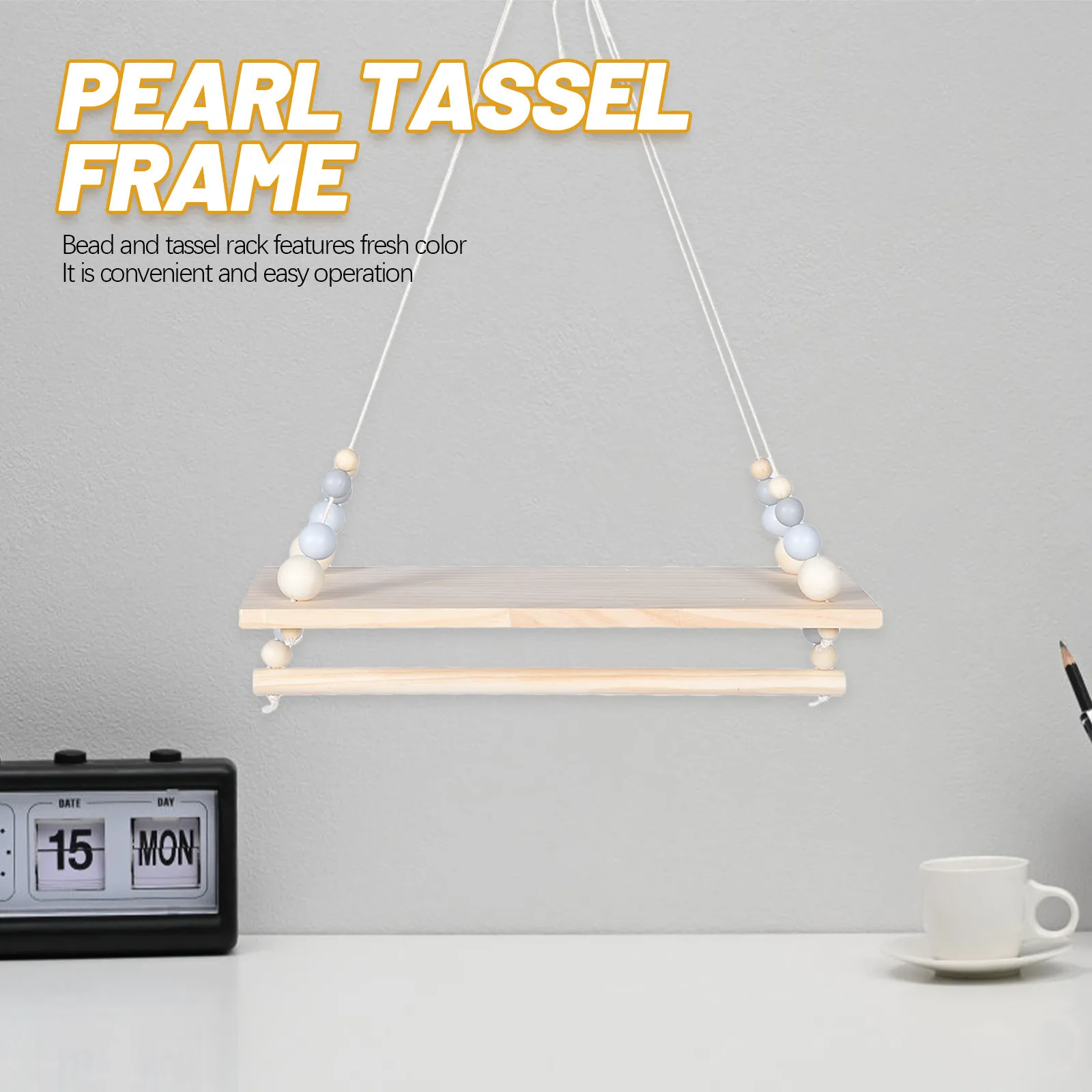 Pink Wooden Bead Tassel Hanging Board Decorative Storage Rack Multi-Purpose Tool Shelf for Living Room Bedroom Ornament Display
