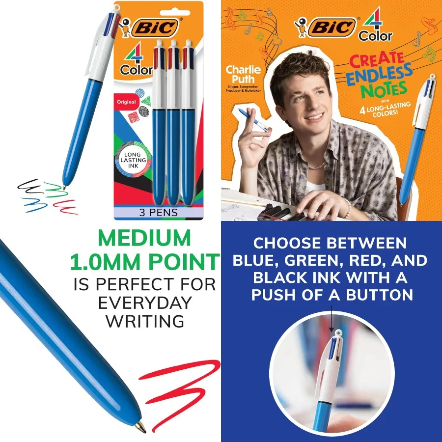 

BIC 4-Color Original Retractable Ballpoint Pen with 1.0 mm Medium Point 3-Count in Assorted Ink for Office School and Daily Use