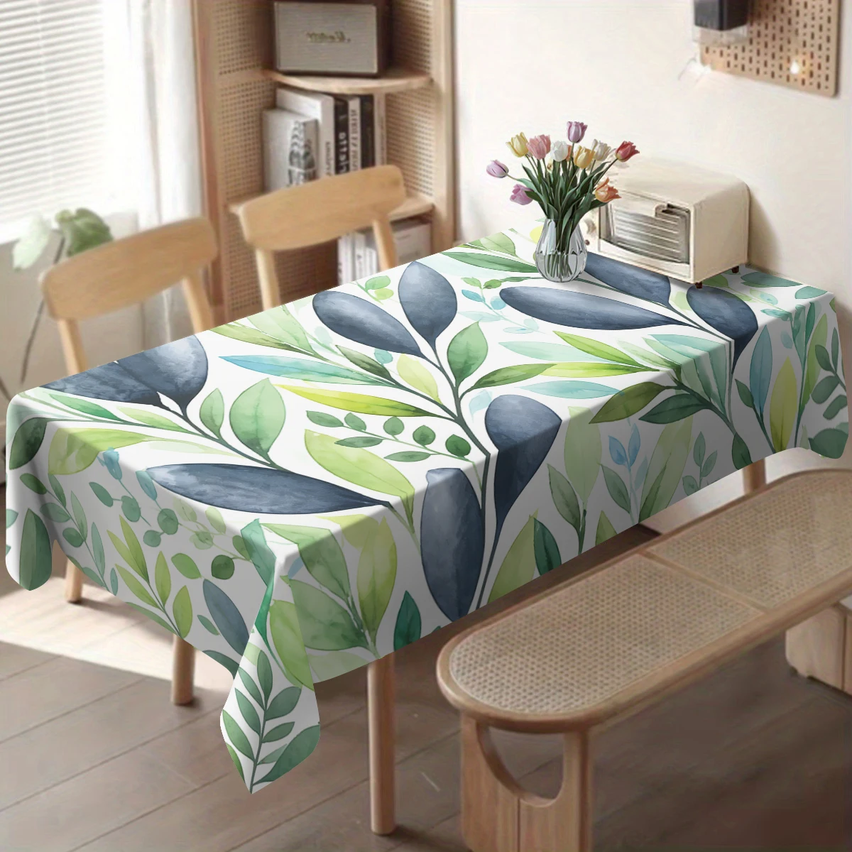 Fresh Botanical Leaf Pattern Polyester Tablecloth, Decorative Dining Table Cover for Home, Hotel and Daily Casual Gathering Use