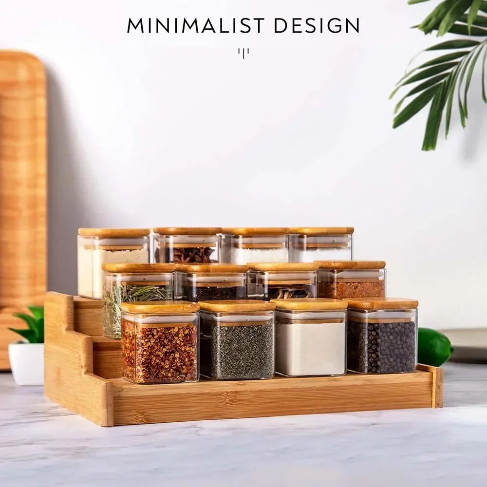 5oz Square Spice Jars with Bamboo Lids/Sticker Labels, Food Storage Container Canisters Glass Jars Set with Spice Labels 6*6cm