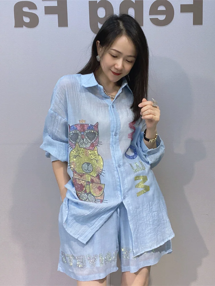 

New Heavy Duty Rhinestone Little Cotton Linen Loose Long Sleeve Shirt Top Shorts Lightweight Lazy Style Daily Two Piece Set