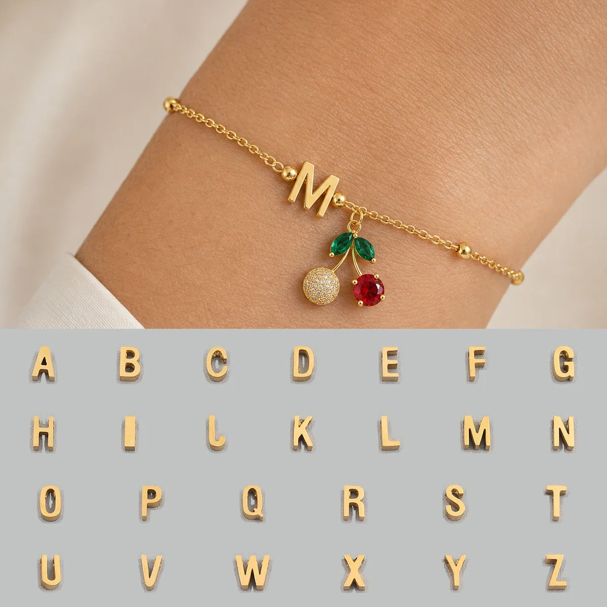 Vergoldeter Personalisierter Initialen-Anhänger, Schicke Armbänder für Damen und Herren, Kirsch-Design, Kubisches Zirkonia, Geschenk für den Alltag – Detail 3