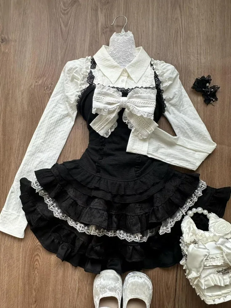 Korean 3 Piece Sets Women Ruffled Long Sleeve Shirt + Lace Patchwork Bow Vest + Mini Cake Skirts Cute Y2k Aesthetic Outfits Suit