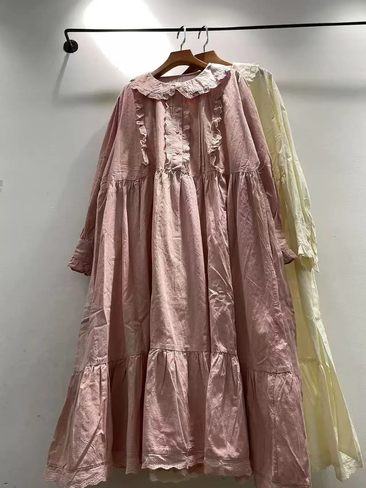 2026 Women's Cotton Peter Pan Collar Midi Dress Long Sleeve Ruffle Lace Trim Mori Girl Loose Tiered A‑Line Cottagecore Dress