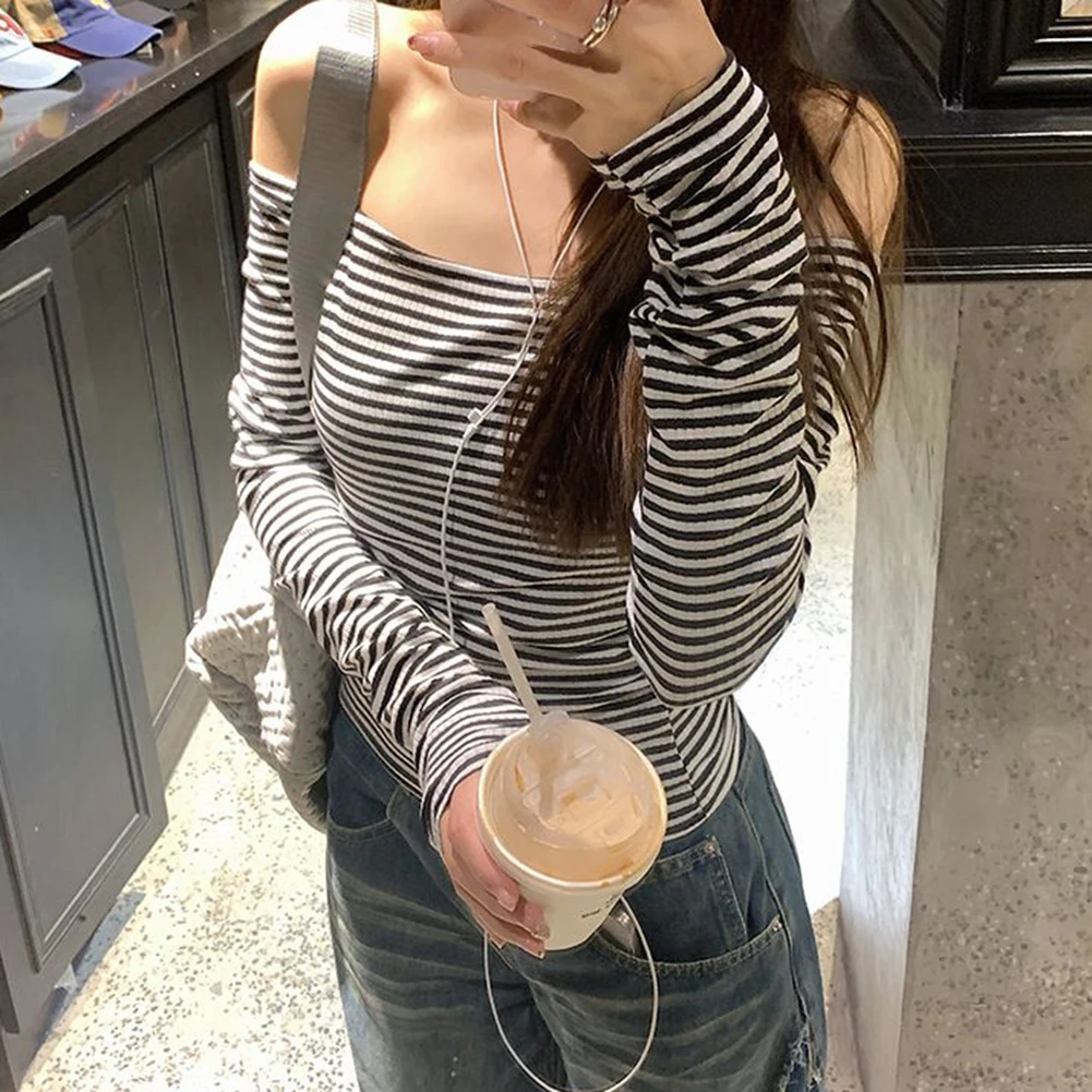 캐주얼웨어 흑백 줄무늬 셔츠 캐주얼 나들이 일반 길이 티셔츠 봄 여름 가을 탑 휴가 의류